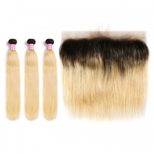 Black Roots 1b/613 Ombre Color Straight Virgin Hair Bundles With 13x4 Lace Frontal | Human Hair Wig | Lace Front